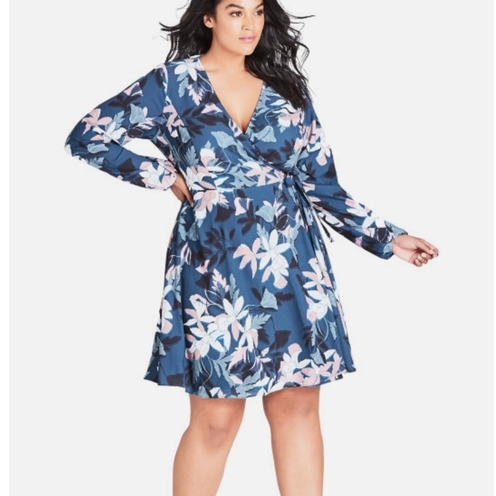 City Chic Luna Floral True Wrap Dress Blue Pink Long Sleeve Size XL 22